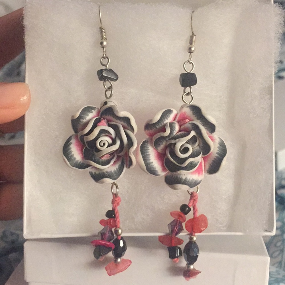 Pink Black Clay Flower Dangle Earrings